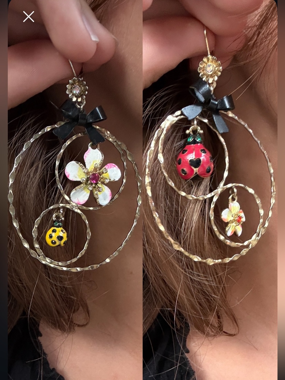 Vintage Betsey Johnson Mismatched Floral Ladybug Earrings 2” Enamel Bow